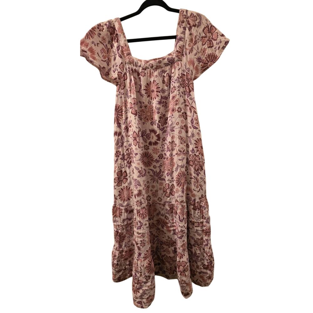 Sonoma Squareneck Tiered Midi Dress Floral Pink White Womens Size M Summer Boho